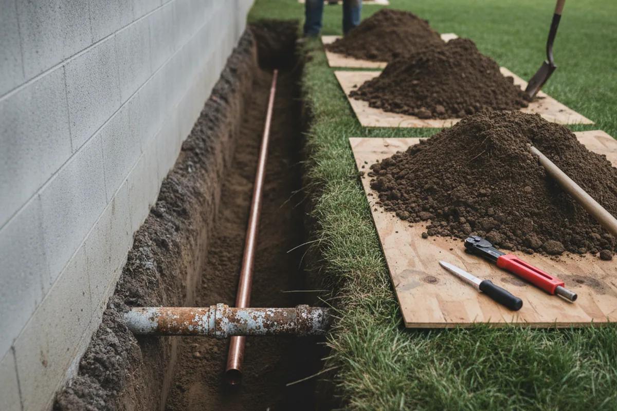 Excavated water line trench during Water Heater Repair in Burlison